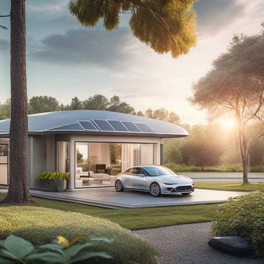 A serene landscape with a sleek, silver electric vehicle parked in front of a modern, minimalist home, surrounded by lush greenery, with a sleek, curved solar panel array installed on the roof.