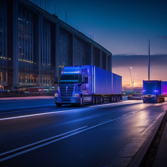A futuristic highway scene at dusk with a convoy of sleek, electric Welch's Transport trucks in various bold colors, surrounded by a blurred cityscape with neon lights reflecting off the wet pavement.