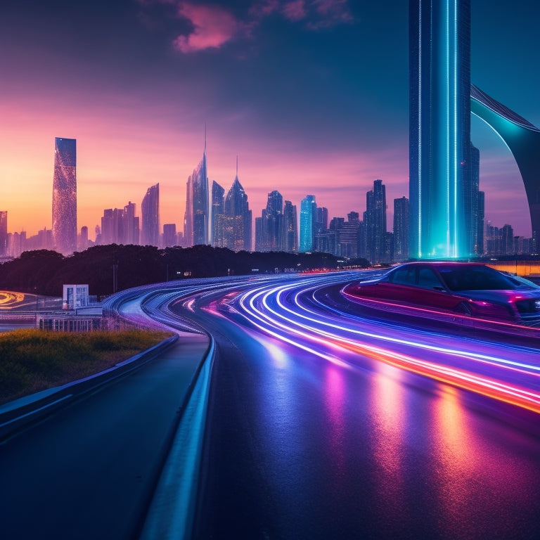 A futuristic cityscape at dusk, with sleek, silver Nissan EVs zooming past a curved, neon-lit highway, alongside towering skyscrapers and holographic advertisements.