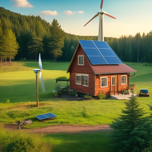 A serene off-grid homestead surrounded by lush greenery, featuring a rustic wooden cabin, a wind turbine, and solar panels, with a monitoring system displaying real-time energy usage on a tablet screen.