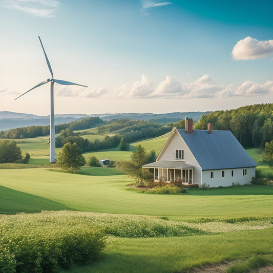 A serene rural landscape with a modern wind turbine standing tall amidst lush greenery, surrounded by a few rustic homes, a winding dirt path, and a clear blue sky with a few wispy clouds.