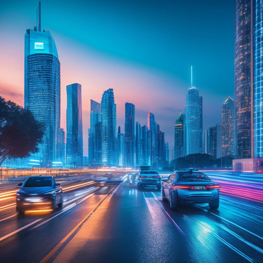 A futuristic cityscape at dusk with sleek, electric vehicles zooming by, neon lights reflecting off their metallic bodies, set against a backdrop of towering skyscrapers and a bright, electric blue sky.