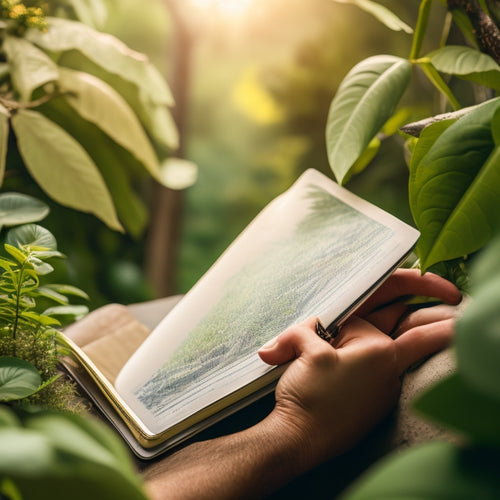 A serene, natural backdrop featuring a person holding a reusable notebook made of recycled paper, surrounded by lush greenery, with a subtle globe and leaf patterns in the background.