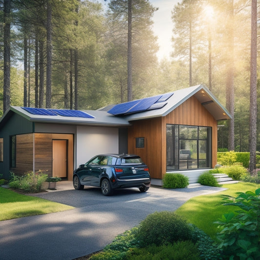 A modern, eco-friendly home with solar panels on the roof, a smart thermostat on the wall, and a charging station for an electric vehicle in the garage, surrounded by lush greenery.