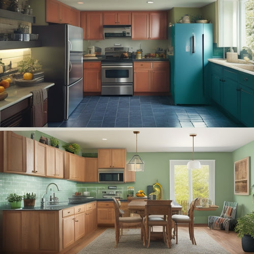 A split-screen image featuring a before-and-after home renovation scene: a cluttered, outdated kitchen on the left, and a modern, eco-friendly kitchen with solar panels and Energy Star appliances on the right.