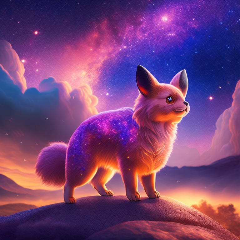 A vibrant, dynamic illustration of a Level 100 Pokémon from Scarlet/Violet, showcasing its shiny, metallic coat glistening in bright, golden light, surrounded by subtle, swirling mist and faint, starry night sky accents.