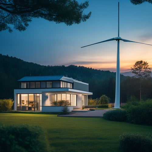 A serene modern home with a sleek, silver wind turbine installed on the rooftop, surrounded by lush greenery, with a subtle glow of electricity flowing through the wires.