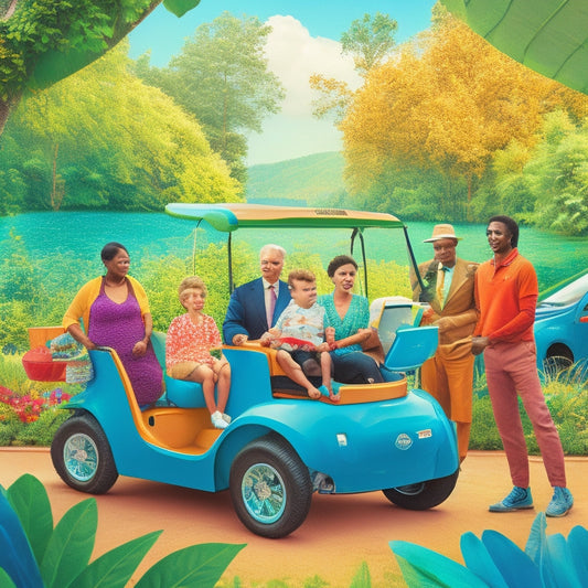 A vibrant illustration featuring a diverse group of people of various ages and abilities gathered around a sleek, eco-friendly electric vehicle, surrounded by lush greenery and a bright, sunny background.