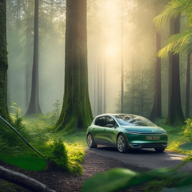 An illustration of a serene, green forest with a sleek, silver electric vehicle parked in the foreground, surrounded by lush foliage and a faint, glowing green aura.