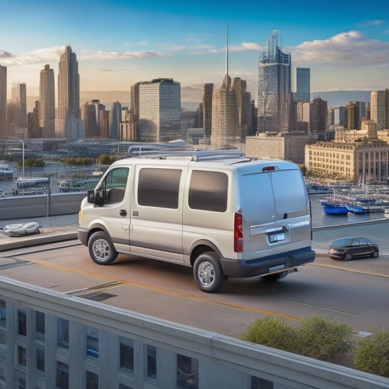 An illustration of a white fleet van with a partially installed panel on its side, surrounded by scattered tools and wires, with a cityscape in the background.