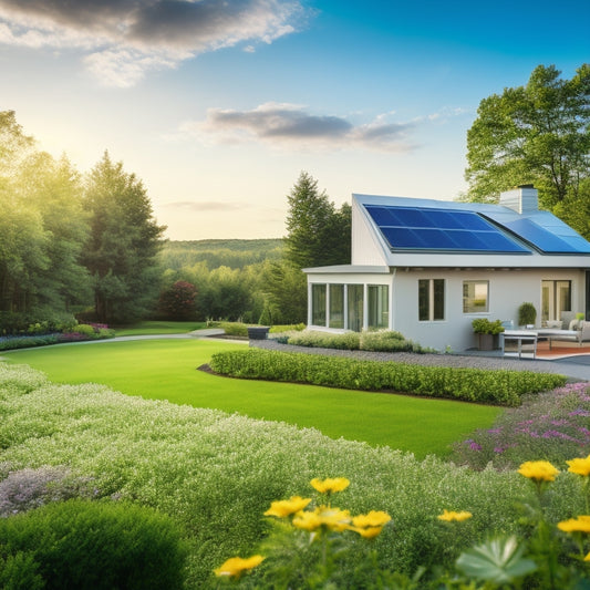 A serene residential landscape with a green-roofed house, surrounded by lush trees and vibrant flowers, featuring a prominently displayed, modern, and sleek HVAC unit with a bright green "checkmark" symbol above it.
