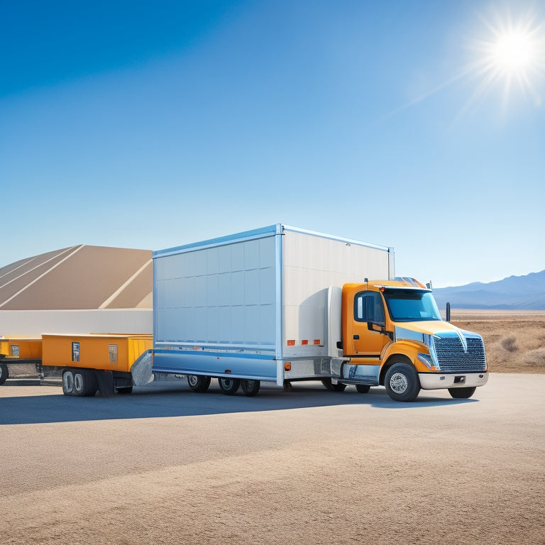 A realistic illustration of a large, white commercial truck parked in a sunny, open area, with a team of technicians in bright orange vests and hard hats installing sleek, black solar panels on the truck's roof and hood.