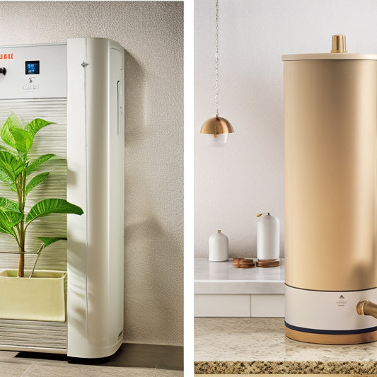 A split-screen image: on the left, a traditional water heater with steam rising, surrounded by coins and a calendar; on the right, a modern, sleek, energy-efficient water heater with a green leaf and a descending arrow.