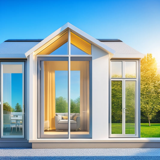 An illustration of a modern home with various window insulation products, including foam panels, thermal curtains, and low-e glass, showcasing energy-efficient solutions in a warm, sunny atmosphere.