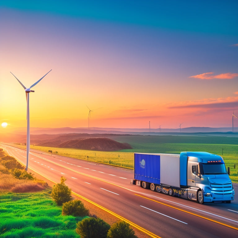 A futuristic highway scene at sunset with sleek, electric trucks in various bright colors zooming past wind turbines and solar panels, amidst lush greenery and a clear blue sky.