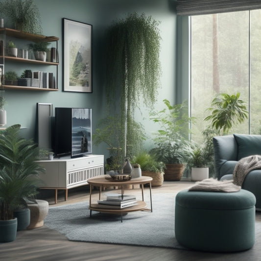 A serene living room with 10 air monitors of varying designs and sizes placed on shelves, side tables, and countertops, surrounded by lush green plants and a faint, calming mist.