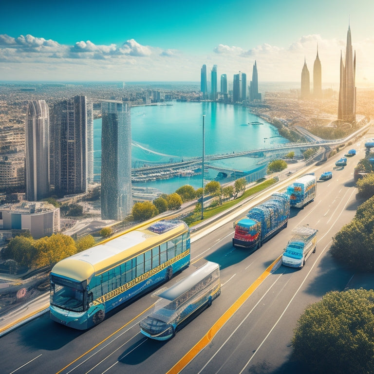 An illustration of a stylized, modern European cityscape in the background, with a fleet of electric vehicles, including buses, cars, and trucks, converging onto a stylized map of the United States.