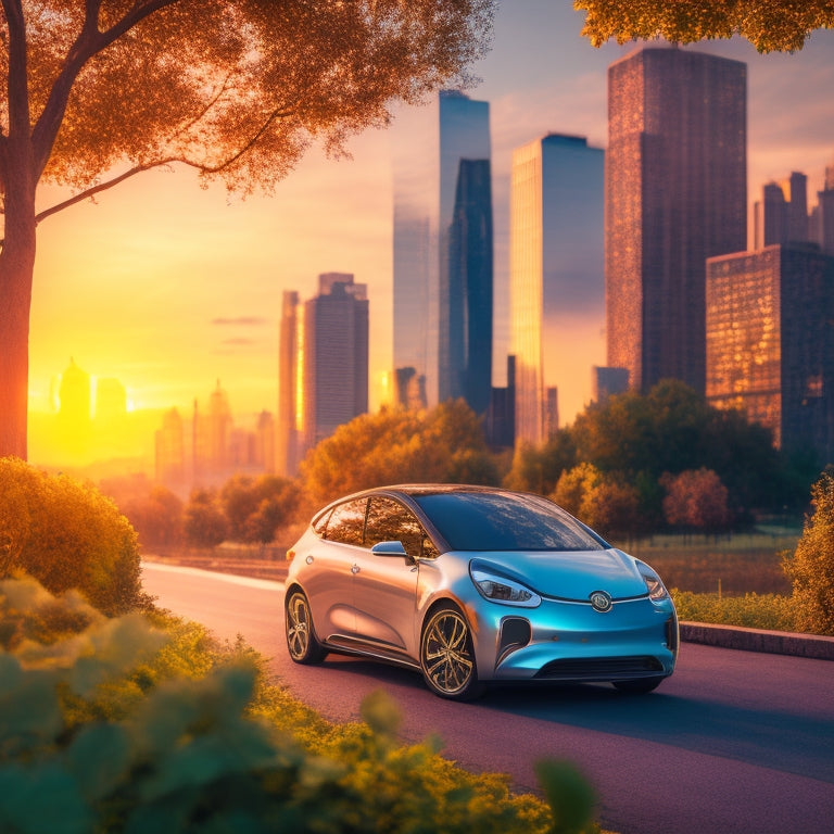 A stylized illustration of a sleek, silver electric car parked in front of a cityscape at sunset, with a subtle grid of circuit boards and battery icons in the background, surrounded by leaves and vines.