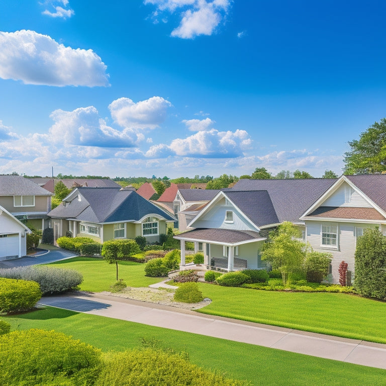 A serene suburban neighborhood with various houses, each featuring a distinct cool roof type (white, green, solar), surrounded by lush greenery, under a bright blue sky with a few puffy white clouds.