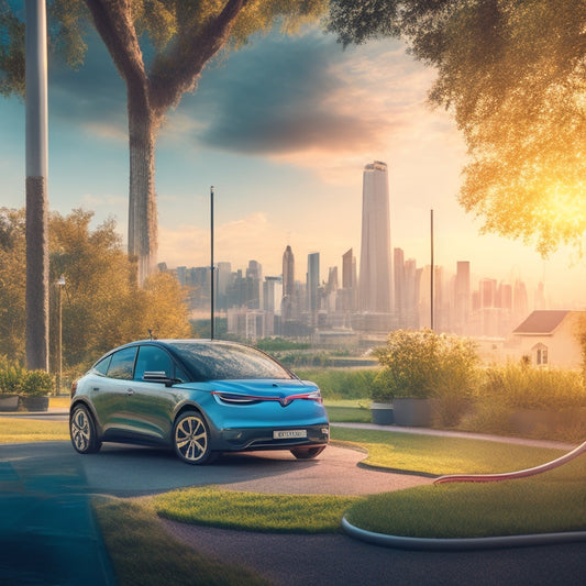 An illustration of a shiny, electric vehicle plugged into a charging station, surrounded by greenery and a cityscape in the background, with a subtle, glowing aura around the charging station.