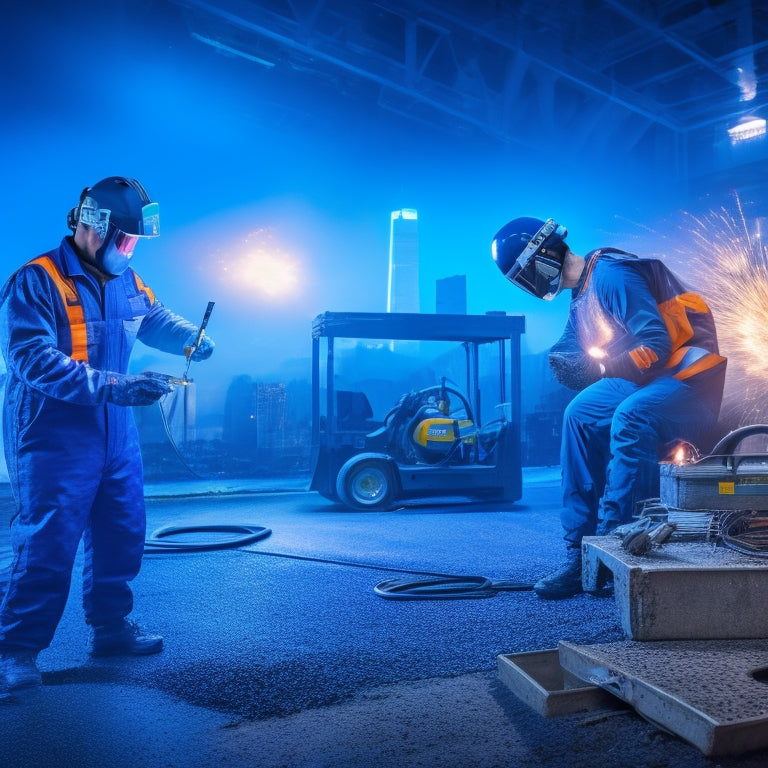 A workshop scene with a welder in a blue jumpsuit, gloves, and helmet, welding a hybrid/electric vehicle's metal frame, surrounded by sparks, safety cones, and caution tape, with a cityscape blurred in the background.