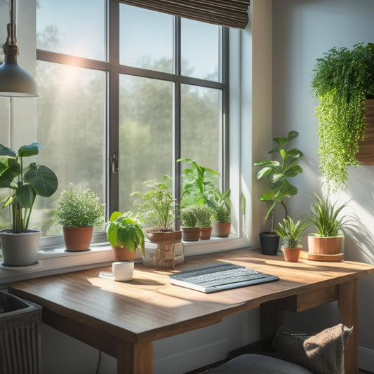An image depicting a modern home office with a large window, warm natural light filtering through a subtle, reflective solar window film, and a few potted plants thriving on the windowsill.