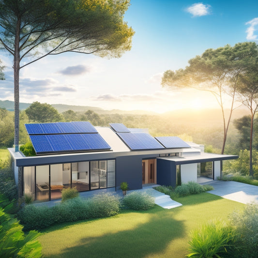 An illustration of a modern, sleek net-zero home with a rooftop covered in solar panels, surrounded by lush greenery, set against a bright blue sky with a few wispy clouds.