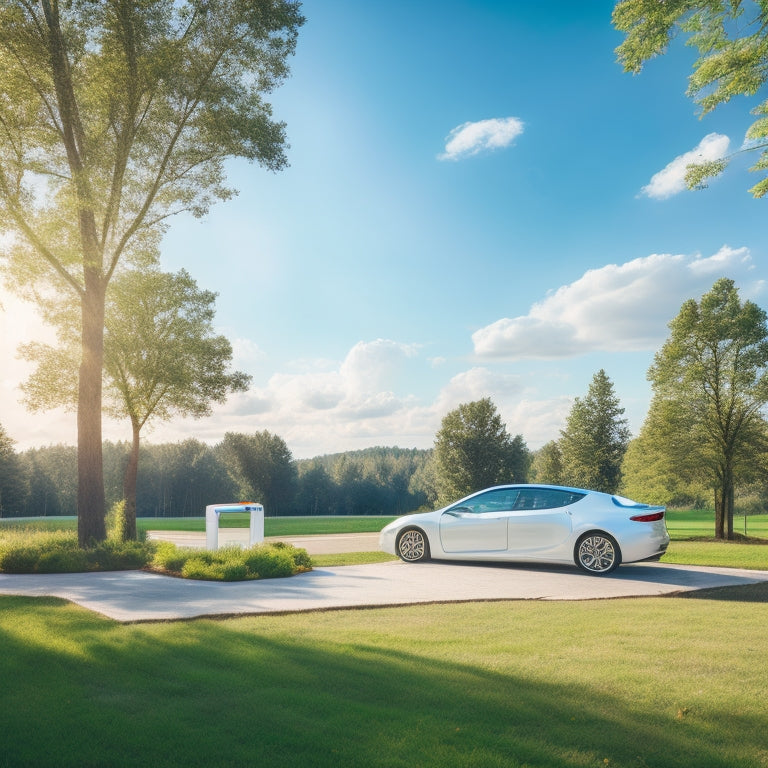 A serene landscape with a sleek, white electric vehicle parked in front of a modern, solar-panel-covered charging station, surrounded by lush greenery and a bright blue sky with a few puffy clouds.