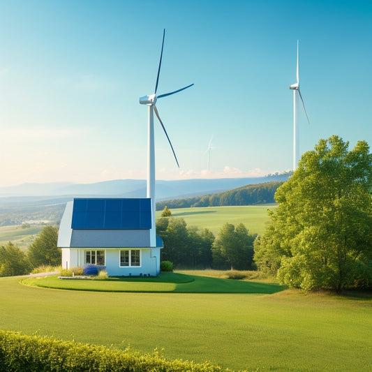 A serene landscape with a modern, sleek wind turbine standing tall amidst lush greenery, its white blades gently rotating, surrounded by a cozy suburban home and a bright blue sky.