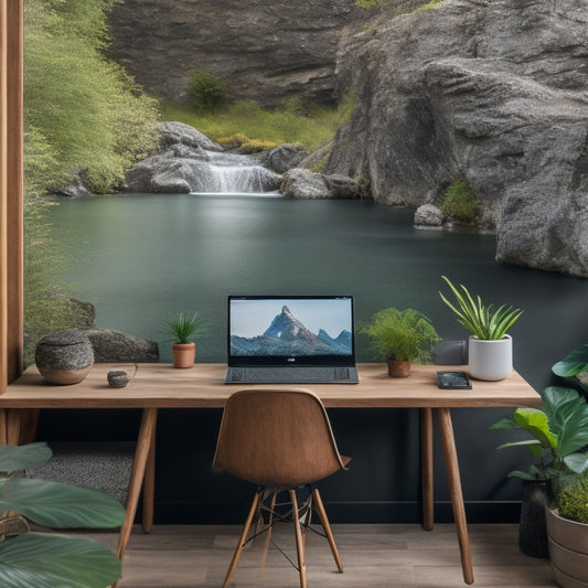 A serene home office with a minimalist desk, surrounded by lush greenery and a reclaimed wood accent wall, featuring an energy-efficient laptop and a wireless charging pad amidst a few carefully placed river rocks.