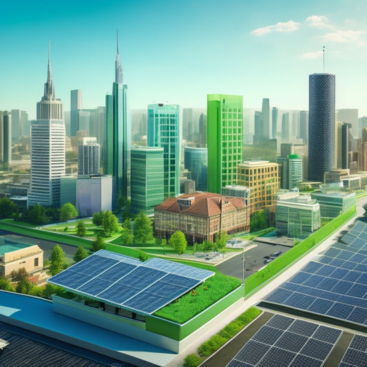 An illustration of a cityscape with various buildings, each featuring a different cool roof type (e.g., green, white, solar), with certifications' logos (e.g., ENERGY STAR, LEED) subtly integrated into the design.