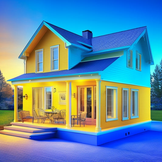 An illustration of a house with a thermal imaging overlay, showcasing warm yellow and orange tones escaping from gaps around windows, doors, and roof, with cooler blue tones indicating well-insulated areas.