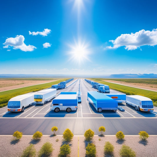 A stylized illustration of a fleet of trucks, buses, and vans parked in a circular formation, surrounded by solar panels and a bright blue sky with fluffy white clouds, conveying a sense of sustainability and eco-friendliness.
