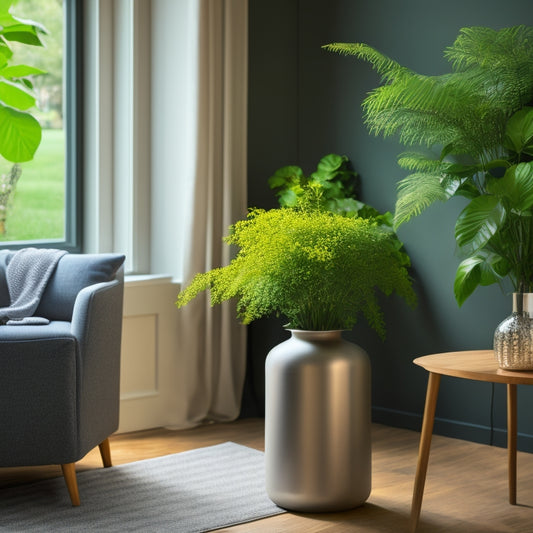 A serene, modern living room with a lush greenery backdrop, featuring a sleek, energy-efficient lamp, a recycling bin, and a vase with fresh flowers on a wooden side table.