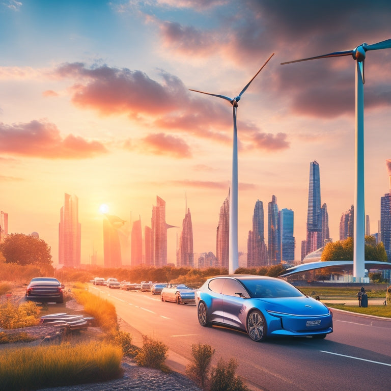 A futuristic cityscape at sunset with sleek electric vehicles plugged into charging stations powered by wind turbines and solar panels, surrounded by lush greenery and a bright blue sky.