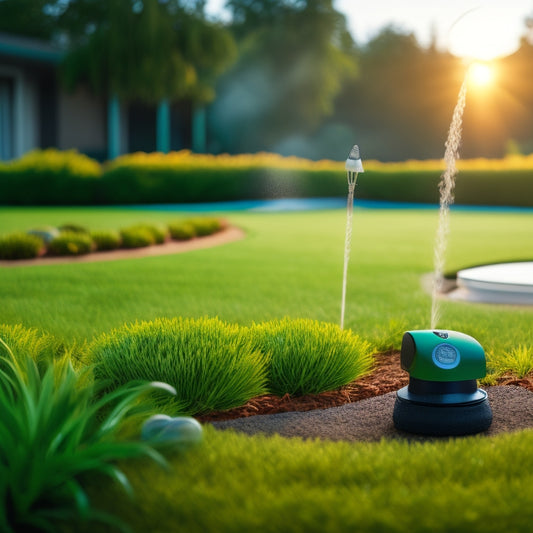 An illustration of a lush, verdant lawn in a drought-prone region, with a smart sprinkler system in the foreground, featuring droplet-shaped sensors and a minimalist, modern controller.