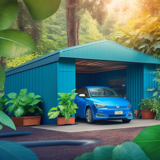An illustration of a garage with various eco-friendly insulation materials: recycled denim batts, radiant barrier foil, and fiberglass with a green leaf pattern, surrounded by lush greenery and a subtle earthy tone background.