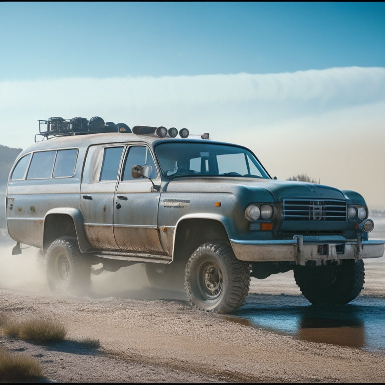 A dirty fleet vehicle with grimy wheels, muddy tires, and streaked windows, contrasted with a sparkling clean fleet vehicle in the background, with soap bubbles and water splashes surrounding it.