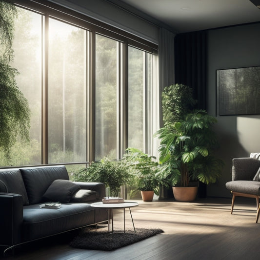 A modern living room with large windows, automated shades partially closed, and a thermostat displaying a lower temperature, surrounded by lush greenery and a subtle background glow indicating energy efficiency.