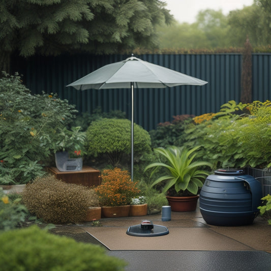 A serene backyard scene with a partially hidden rainwater tank, surrounded by lush greenery and a few scattered raindrops, with a subtle grid pattern of measuring tape and calculator in the foreground.