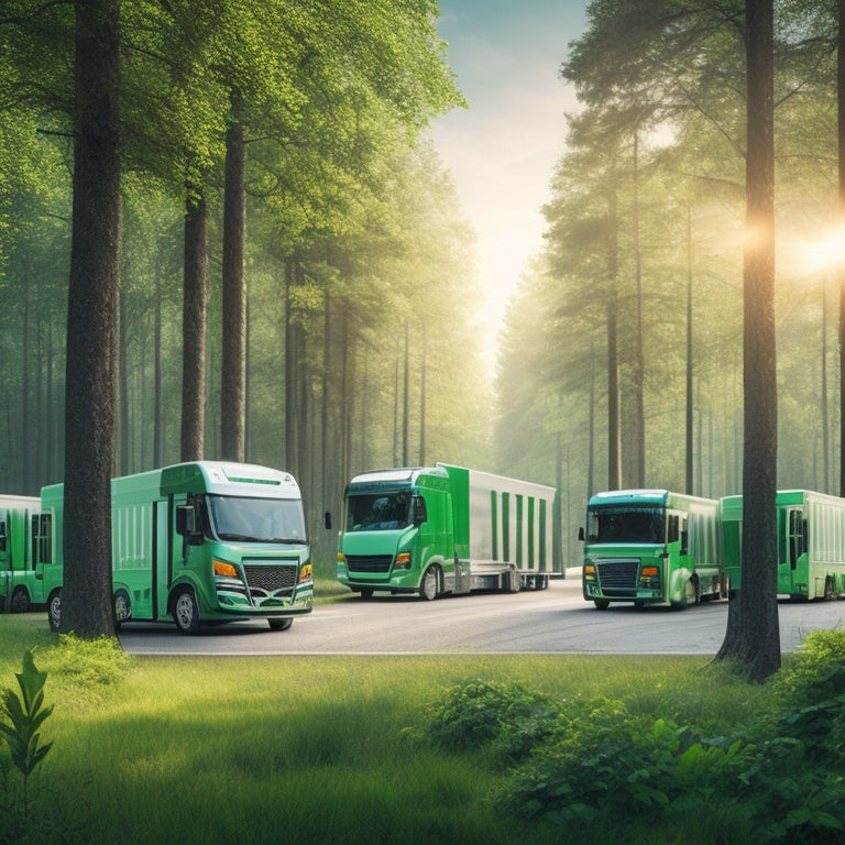 An illustration of a fleet of electric trucks and buses parked in a lush green forest, surrounded by leaves and vines, with a subtle glow of eco-friendly energy symbols in the background.