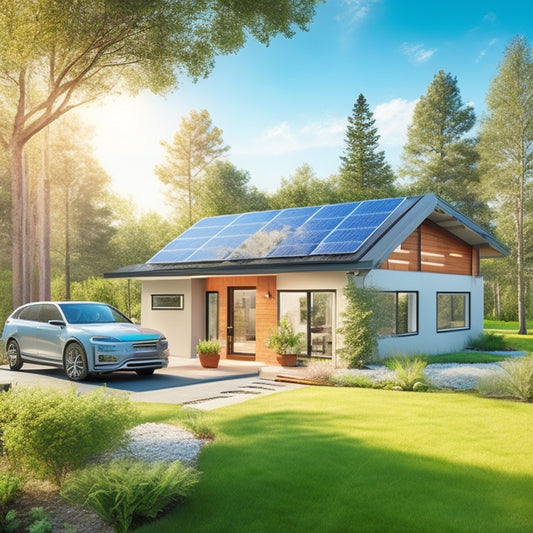 A serene, modern eco-friendly home with solar panels on the roof, a wind turbine in the backyard, and a electric vehicle charging station in the driveway, surrounded by lush greenery and a bright blue sky.