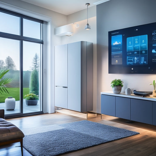 A modern living room with a sleek, wall-mounted tablet displaying a smart home energy dashboard, surrounded by efficiently controlled appliances, including a humming refrigerator and a dimmable lamp.