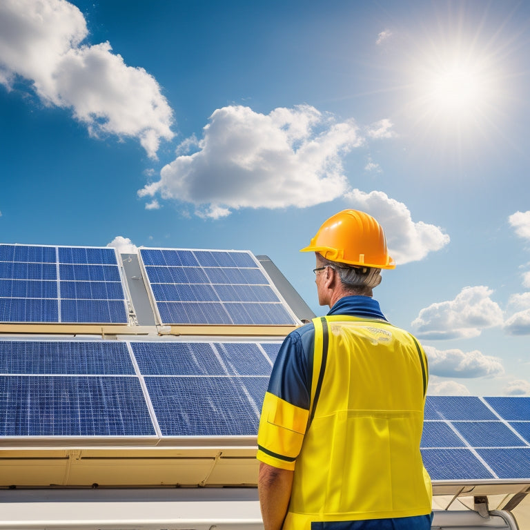 A bright blue sky with a few white, puffy clouds, and a solar panel array in the foreground, with a technician in a yellow hard hat and orange vest, holding a tablet and looking up at the panels.