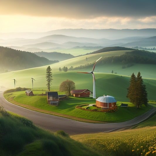 A serene, misty landscape with rolling hills, wind turbines, and a subtle network of underground pipes, surrounded by lush greenery and a few eco-friendly homes, radiating warmth and sustainability.