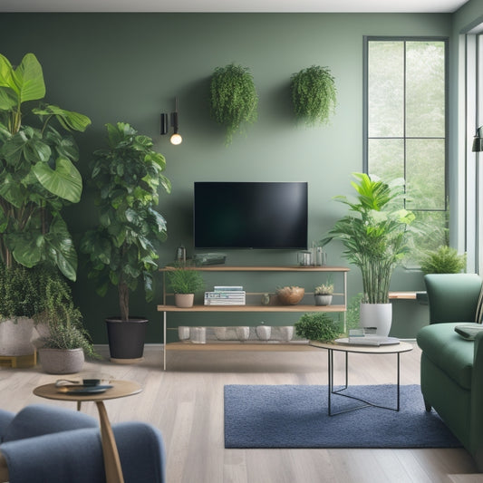 An illustration of a modern living room with a prominent wall featuring a row of sleek, green-accented power outlets, surrounded by lush greenery and a few energy-efficient gadgets.