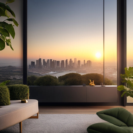 A serene, modern living room with a sleek, wall-mounted thermostat displaying a green leaf icon, surrounded by lush greenery, and a subtle background of a cityscape at sunset.