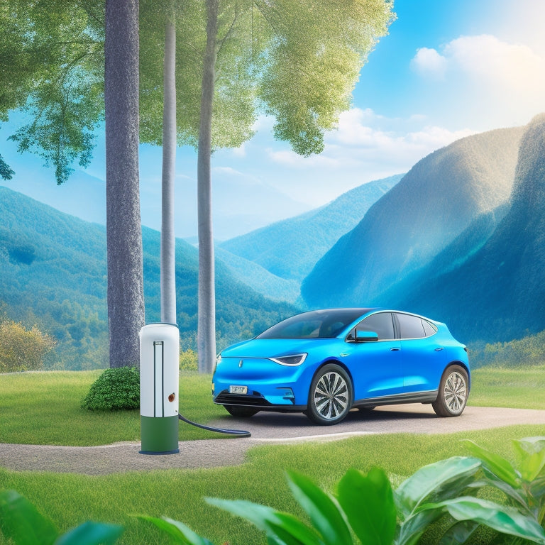 An illustration of a modern electric vehicle plugged into a charging station, surrounded by lush greenery and a subtle, gradient blue background, with a stylized, curved line of renewable energy certificates flowing above.