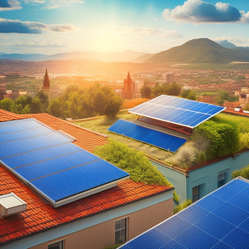 An illustration of a diverse cityscape with various eco-friendly roofs: lush green roofs, solar panels, rustic metal roofs, and translucent tiles, amidst a bright blue sky with fluffy white clouds.