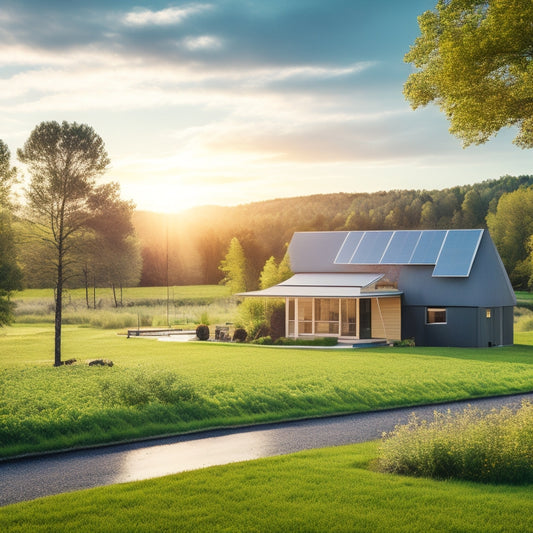 A serene rural landscape with a modern, solar-powered home in the distance, surrounded by lush greenery, featuring a sleek, compact off-grid battery system installed on the side of the house.